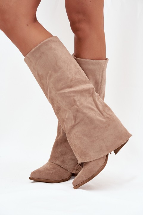 Ladies Slip-On Cowboy Boots With Heel And Fringes Beige Zalia