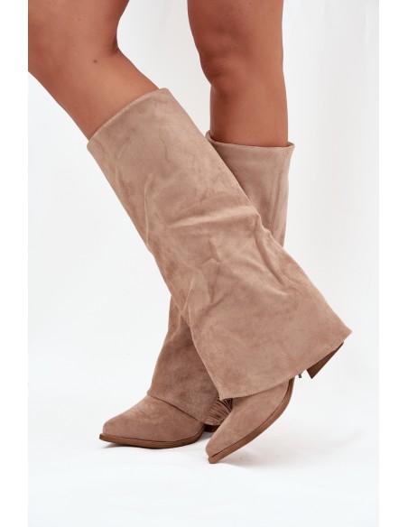 Ladies Slip-On Cowboy Boots With Heel And Fringes Beige Zalia