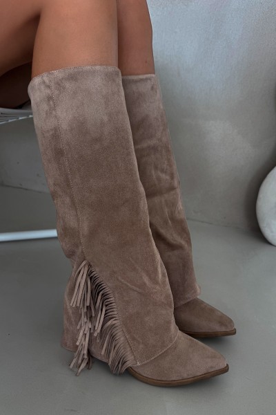 Ladies Slip-On Cowboy Boots With Heel And Fringes Beige Zalia 2
