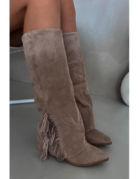 Ladies Slip-On Cowboy Boots With Heel And Fringes Beige Zalia