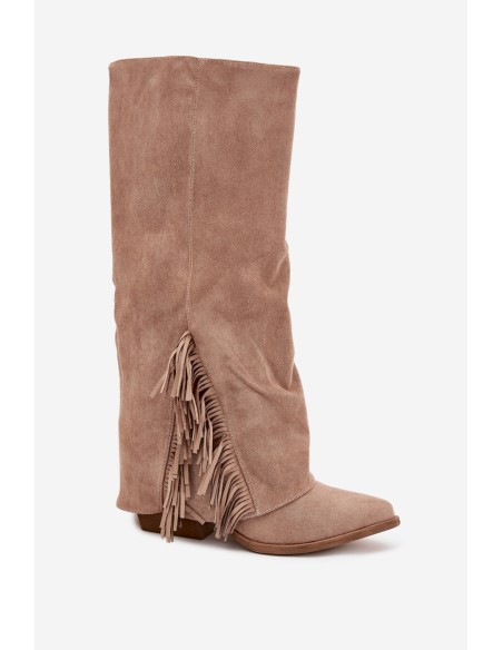 Ladies Slip-On Cowboy Boots With Heel And Fringes Beige Zalia