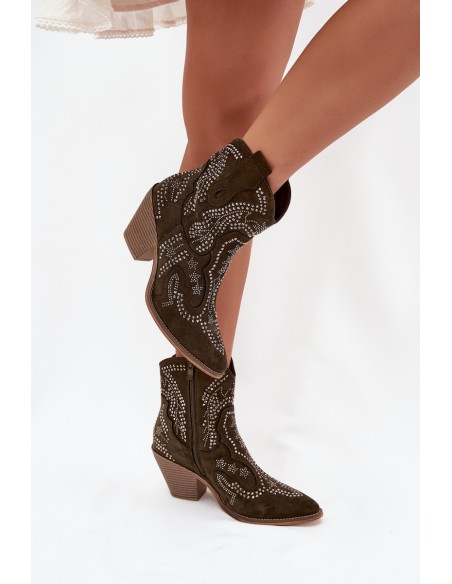 Insulated Women Cowboy Boots With Decoration Dark Green Lelira