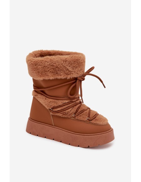 Moteriški sniego batai su kailiu ir raišteliais ant platformos Camel spalvos Marina