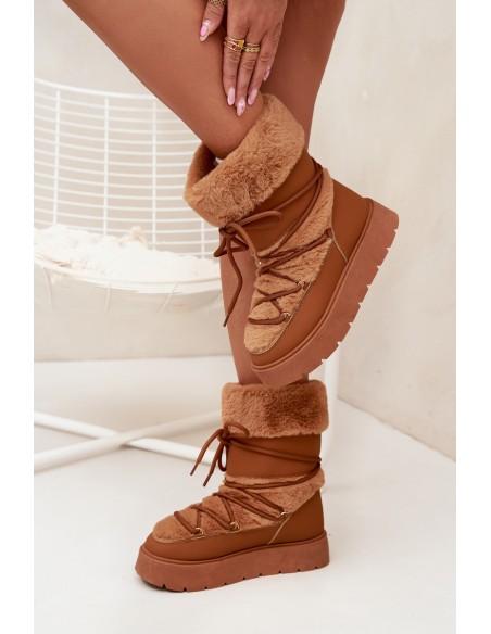 Women's Snow Boots With Fur And Lacing On A Platform Camel Marinna