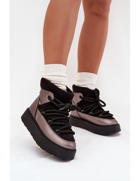 Low Women's Snow Boots Insulated With Fur With Thick Lacing Black Xarina