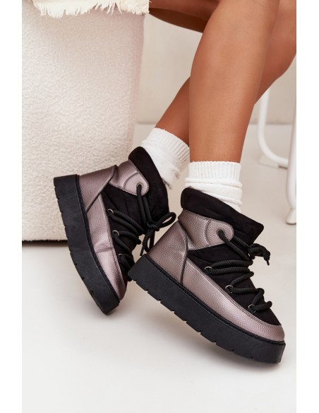 Low Women's Snow Boots Insulated With Fur With Thick Lacing Black Xarina