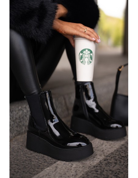 Black Wloedia women's patent leather ankle boots with platform and wedge heel