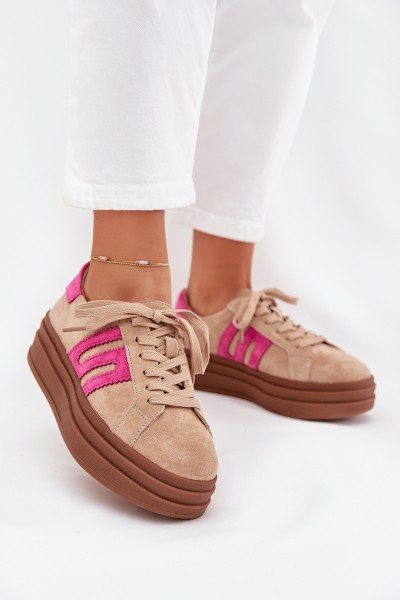 Women's Platform Sneakers Made Of Natural Suede Beige-Pink Eldira