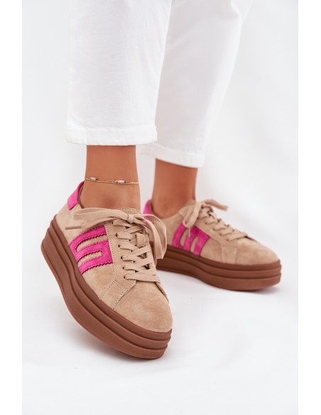 Women's Platform Sneakers Made Of Natural Suede Beige-Pink Eldira