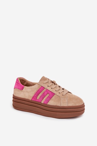 Women's Platform Sneakers Made Of Natural Suede Beige-Pink Eldira 2