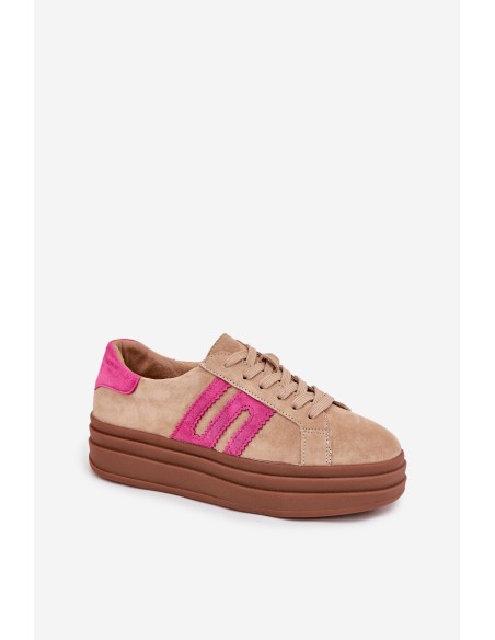 Women's Platform Sneakers Made Of Natural Suede Beige-Pink Eldira