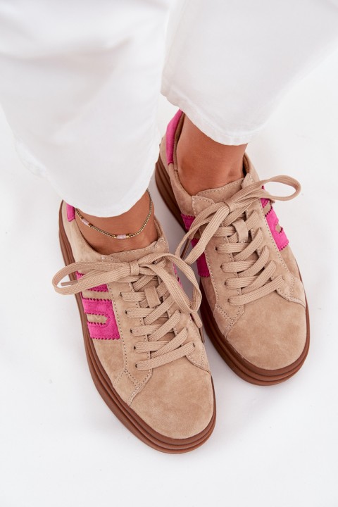 Women's Platform Sneakers Made Of Natural Suede Beige-Pink Eldira