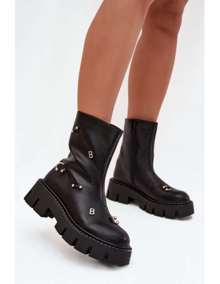 Warm Women's Ankle Boots with Zipper and Decorations Black Thavira