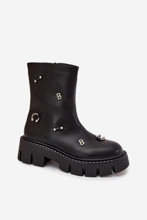 Warm Women's Ankle Boots with Zipper and Decorations Black Thavira