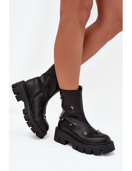 Warm Women's Ankle Boots with Zipper and Decorations Black Thavira