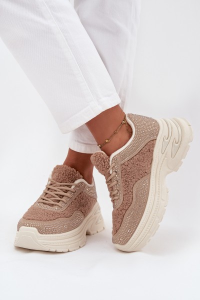 Women's Sneakers With Zirconia And Sheep Fur Beige Zarika
