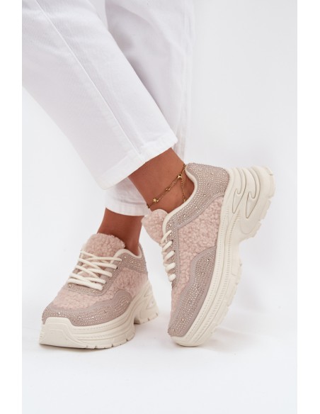 Women's Sneakers With Rhinestones And Sheepskin Light Beige Zarika