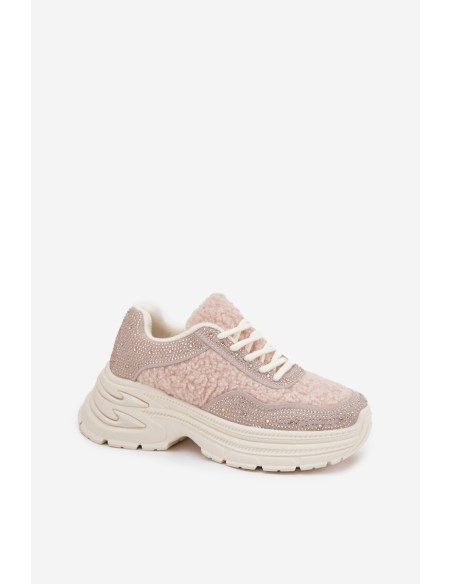 Women's Sneakers With Rhinestones And Sheepskin Light Beige Zarika