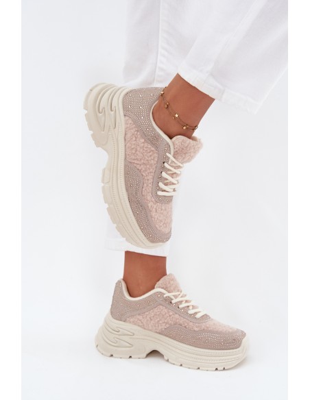 Women's Sneakers With Rhinestones And Sheepskin Light Beige Zarika