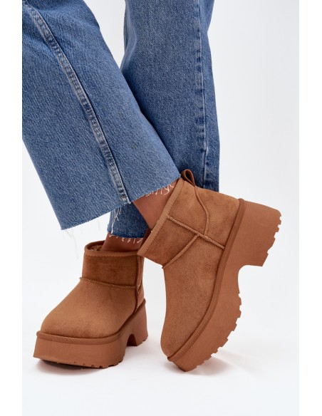 Ladies Low Slip On Insulated Snow Boots With Fur Camel Mavelle