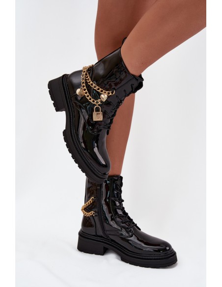 Lacquered Ankle Boots Workers Women's With Golden Chain Insulated Black Sarinae