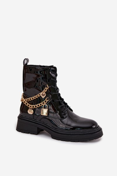 Lacquered Ankle Boots Workers Women's With Golden Chain Insulated Black Sarinae 2