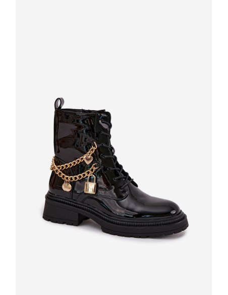 Lacquered Ankle Boots Workers Women's With Golden Chain Insulated Black Sarinae
