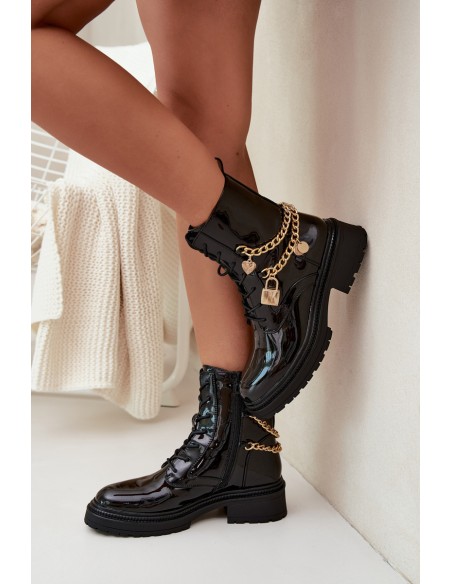 Lacquered Ankle Boots Workers Women's With Golden Chain Insulated Black Sarinae