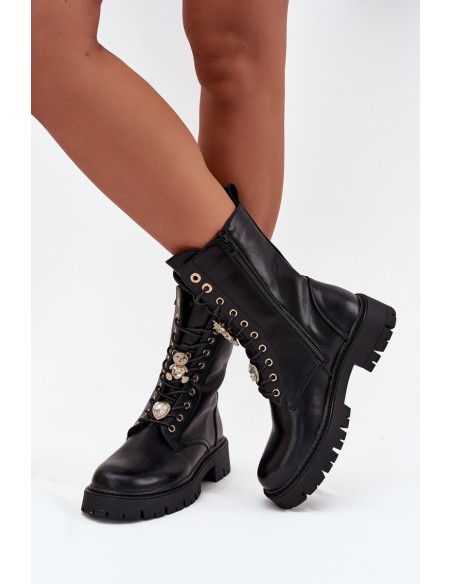 Women's Worker Ankle Boots With Pins Insulated Black Lomina