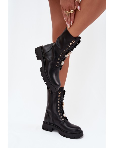 Women's Worker Ankle Boots With Pins Insulated Black Lomina