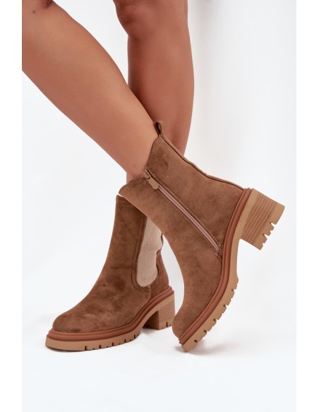 Women's insulated ankle boots on block heels dark beige Zoralia