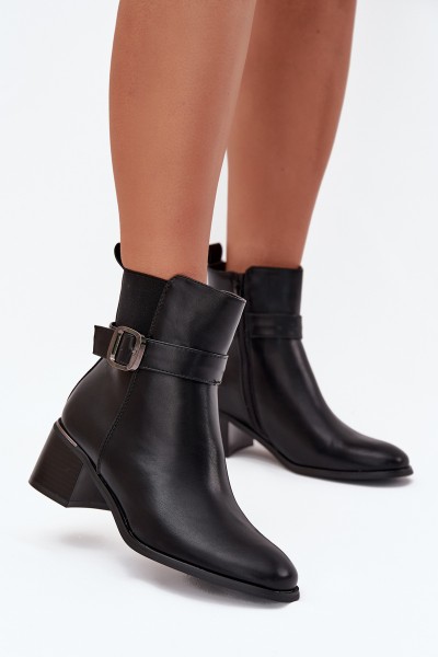Warm Ladies Ankle Boots With Heel Strap And Buckle Black Sylira