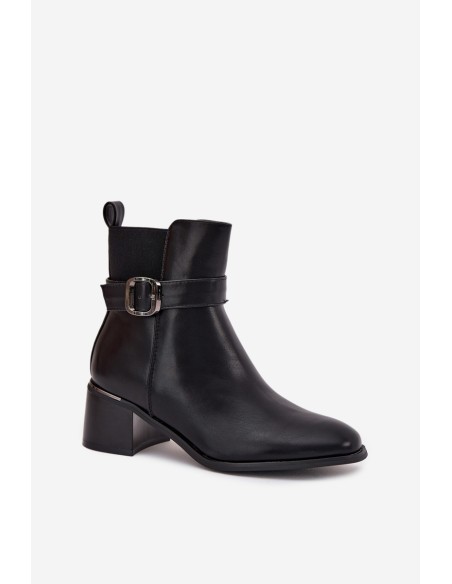 Warm Ladies Ankle Boots With Heel Strap And Buckle Black Sylira