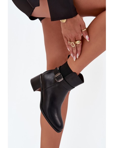 Warm Ladies Ankle Boots With Heel Strap And Buckle Black Sylira