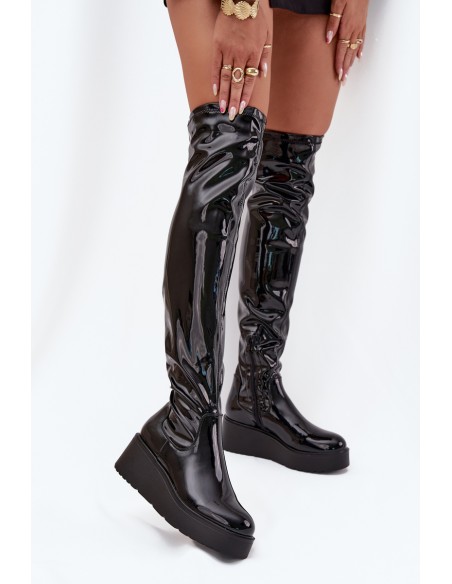 Lacquered Knee High Boots On Platform With Delicate Wedge Black Tavina