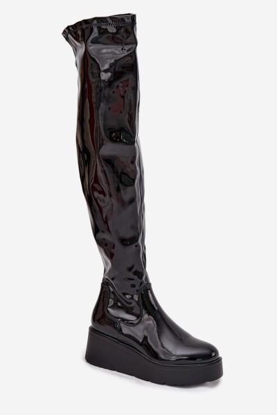 Lacquered Knee High Boots On Platform With Delicate Wedge Black Tavina 2
