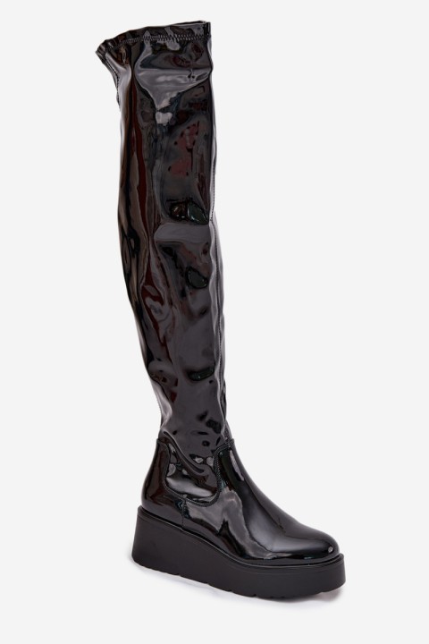 Lacquered Knee High Boots On Platform With Delicate Wedge Black Tavina