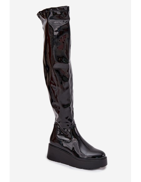 Lacquered Knee High Boots On Platform With Delicate Wedge Black Tavina