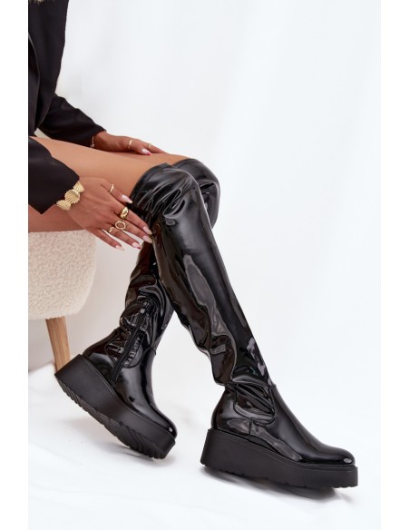 Lacquered Knee High Boots On Platform With Delicate Wedge Black Tavina
