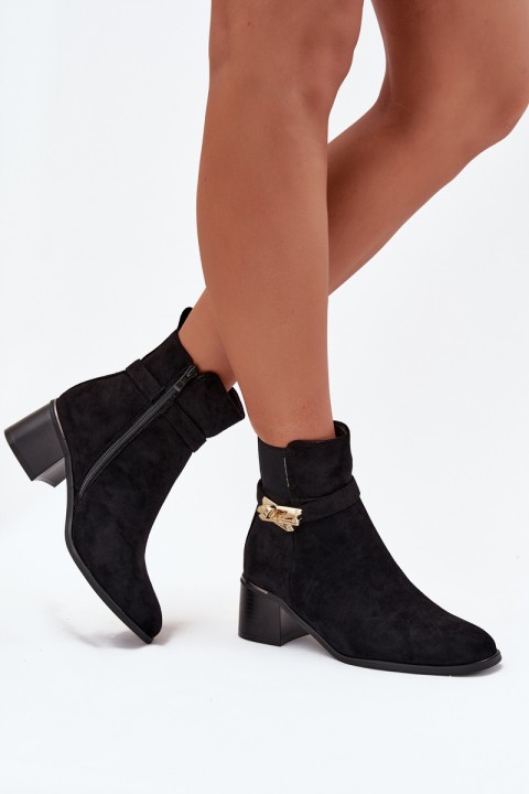 Fleece lined women's ankle boots with gold decoration on block heel black Sarona