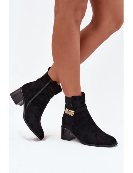 Fleece lined women's ankle boots with gold decoration on block heel black Sarona