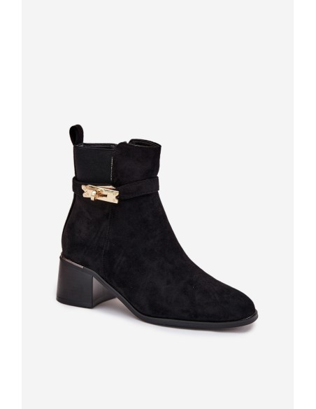 Fleece lined women's ankle boots with gold decoration on block heel black Sarona