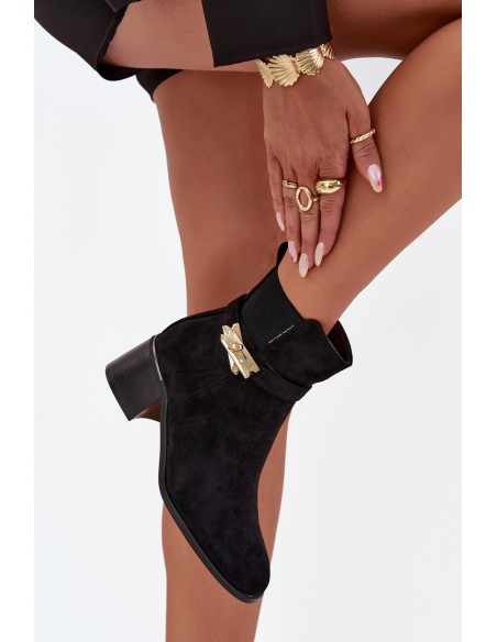 Fleece lined women's ankle boots with gold decoration on block heel black Sarona