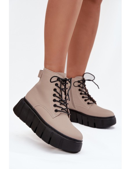 Leather Insulated Women's Ankle Boots on Platform Vinceza 66803 Beige