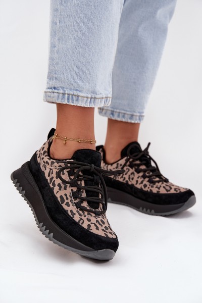 Suede Insulated Sneakers for Women on Platform Vinceza 66836 Leopard Print Black