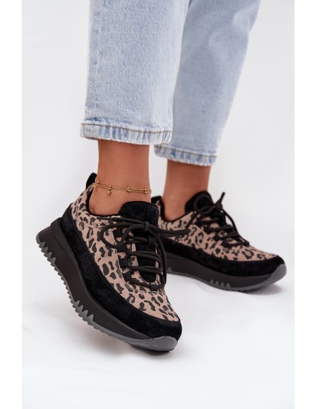 Suede Insulated Sneakers for Women on Platform Vinceza 66836 Leopard Print Black