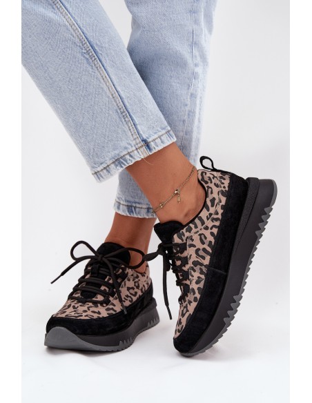 Suede Insulated Sneakers for Women on Platform Vinceza 66836 Leopard Print Black