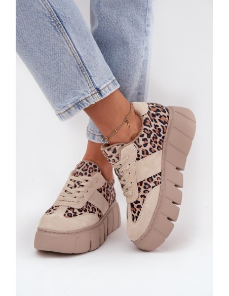 Zomšiniai apšiltinti moteriški sportbačiai ant storos platformos Vinceza 66841 Leopard Beige