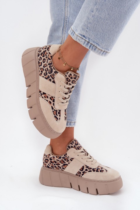 Zomšiniai apšiltinti moteriški sportbačiai ant storos platformos Vinceza 66841 Leopard Beige
