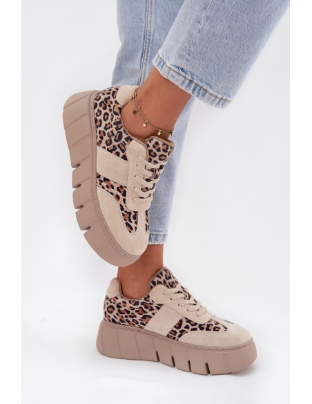 Zomšiniai apšiltinti moteriški sportbačiai ant storos platformos Vinceza 66841 Leopard Beige